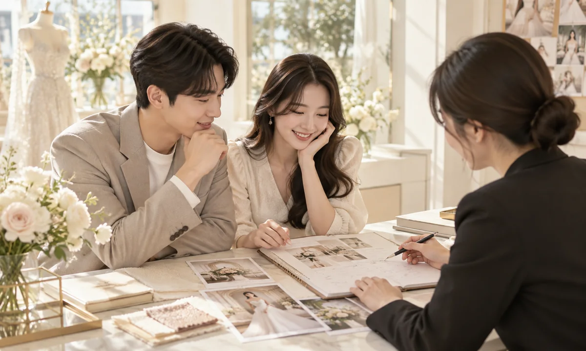 웨딩 플래너와 함께 결혼준비 계획을 상담하는 예비부부