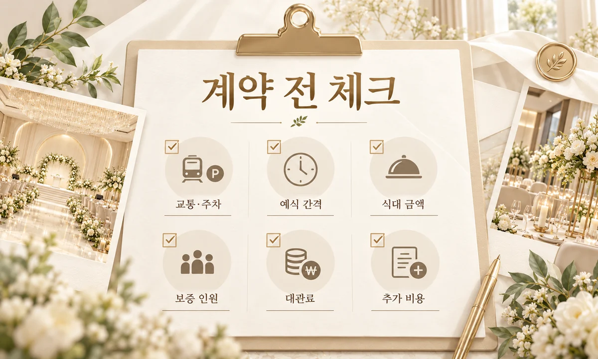 교통 주차 예식 간격 식대 보증인원 대관료 추가 비용을 확인하는 웨딩홀 계약 전 체크리스트